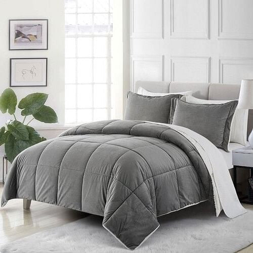 King Plush Microfiber Reversible Comforter Set in Grey-0