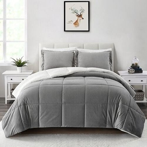 King Plush Microfiber Reversible Comforter Set in Grey-2
