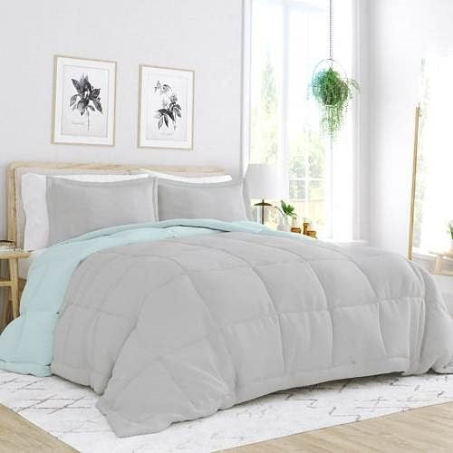 Full/Queen size 3-Piece Microfiber Reversible Comforter Set Aqua Blue and Grey-0