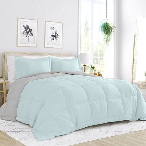 Full/Queen size 3-Piece Microfiber Reversible Comforter Set Aqua Blue and Grey-2
