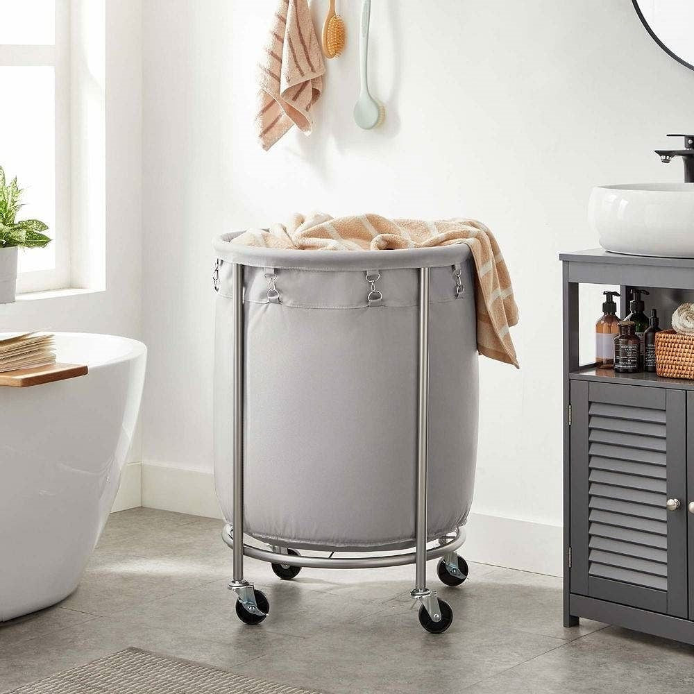 Round 45-Gallon Laundry Basket Hamper with Grey Fabric Bag Steel Frame on Wheels-0