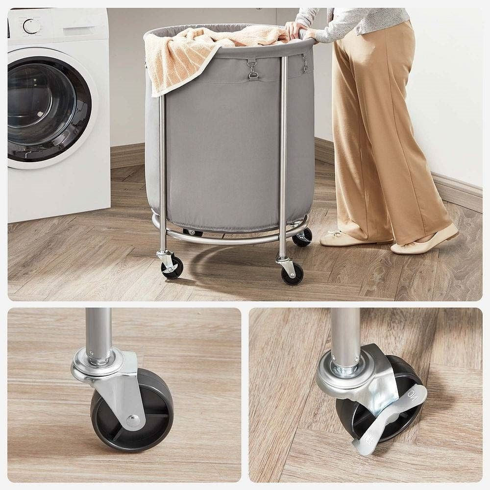 Round 45-Gallon Laundry Basket Hamper with Grey Fabric Bag Steel Frame on Wheels-1