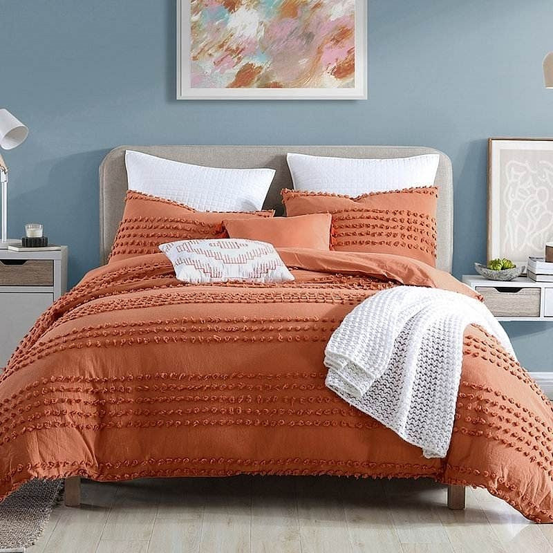 Full/Queen 5-Piece 100-Percent Cotton Clip Dot Comforter Set in Brick Orange-0