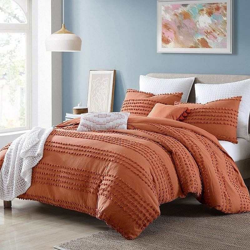 Full/Queen 5-Piece 100-Percent Cotton Clip Dot Comforter Set in Brick Orange-2