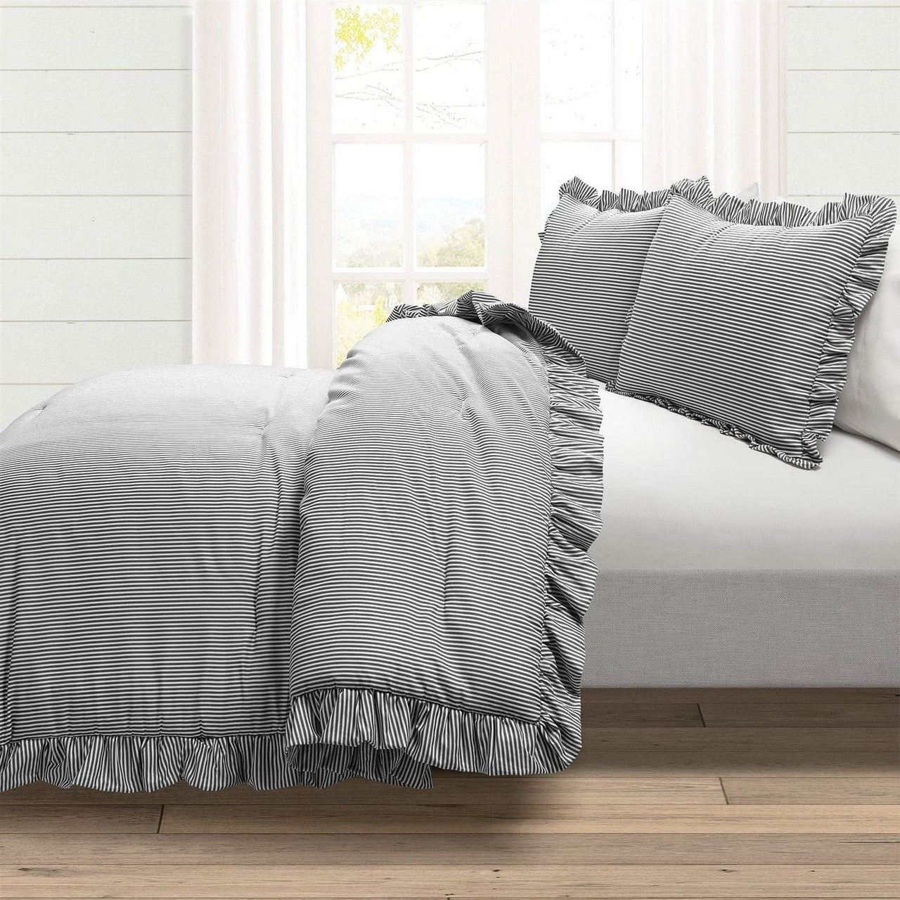 Full/Queen Grey White Stripe Ruffle Reversible 3 Piece Comforter Set-0