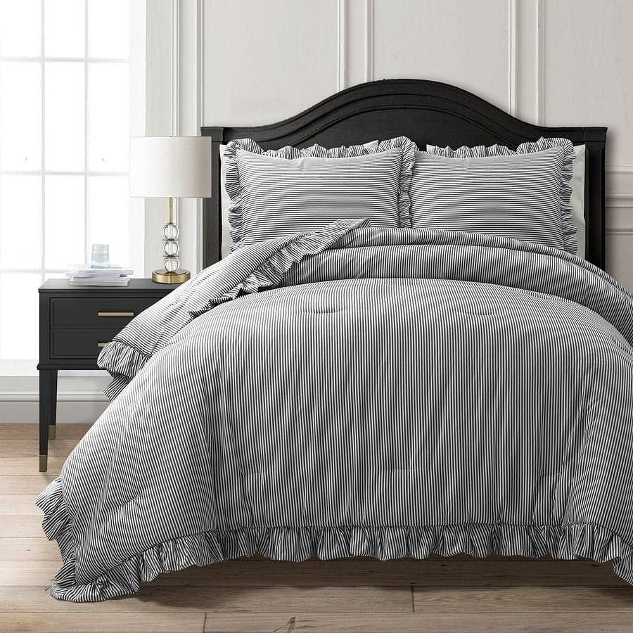 Full/Queen Grey White Stripe Ruffle Reversible 3 Piece Comforter Set-2