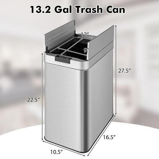 13.2 Gal Slim Kitchen Trash Can with Wing Lids and Stainless Steel Frame-1