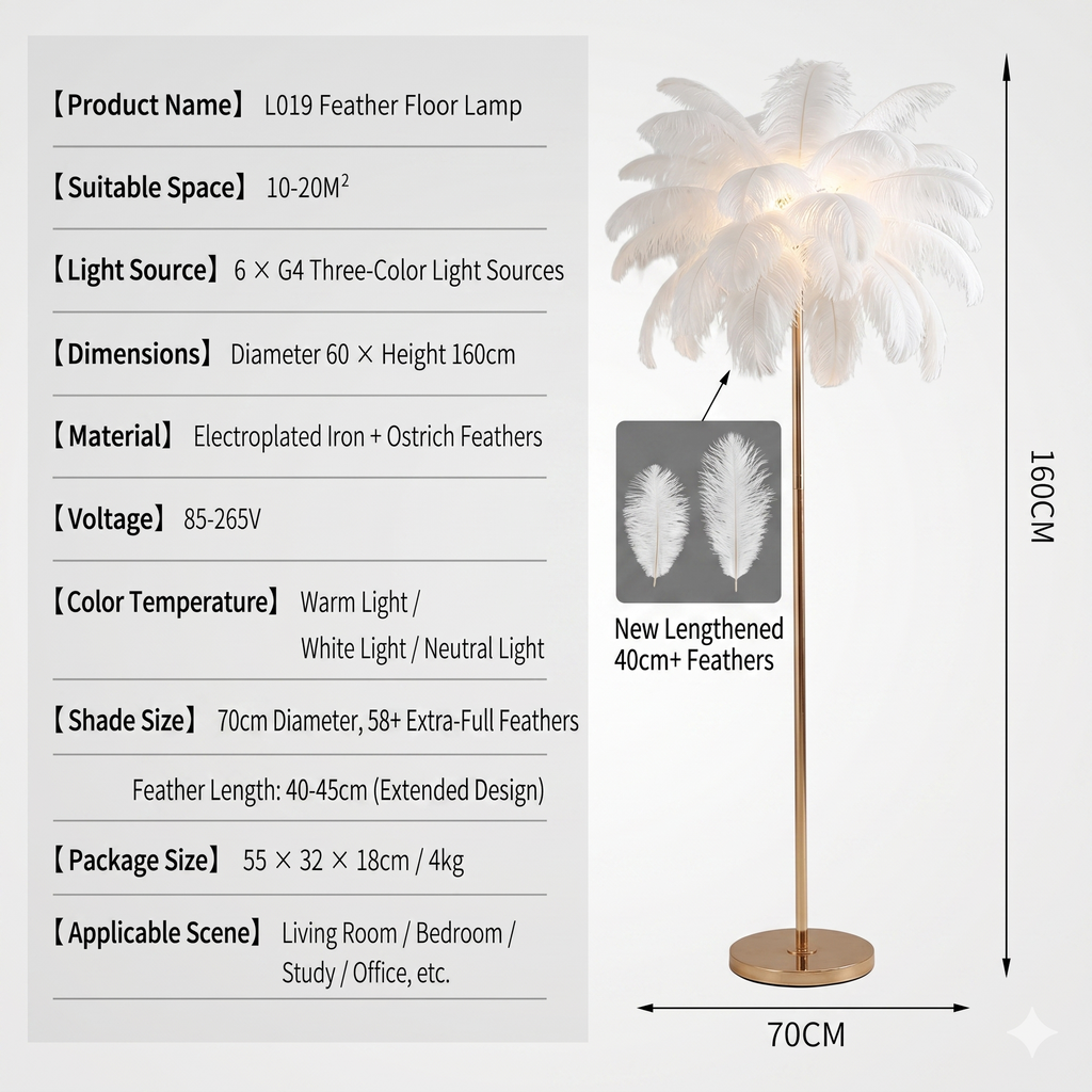 Luxury Ostrich Feather Floor Lamp, 160cm Tall Modern Standing Light with 58+ Extra-Full 45cm Lengthened Feathers-4