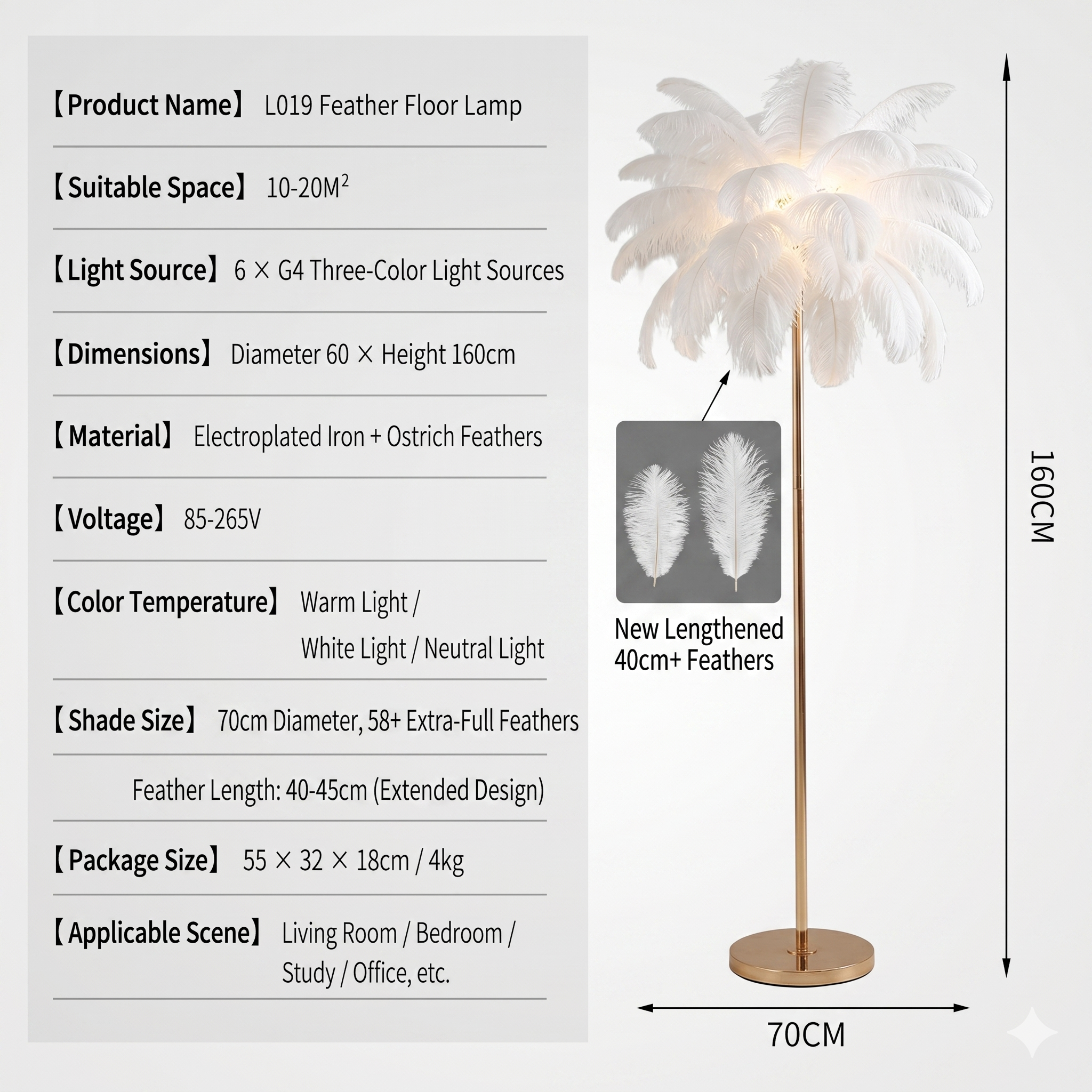 Luxury Ostrich Feather Floor Lamp, 160cm Tall Modern Standing Light with 58+ Extra-Full 45cm Lengthened Feathers-4