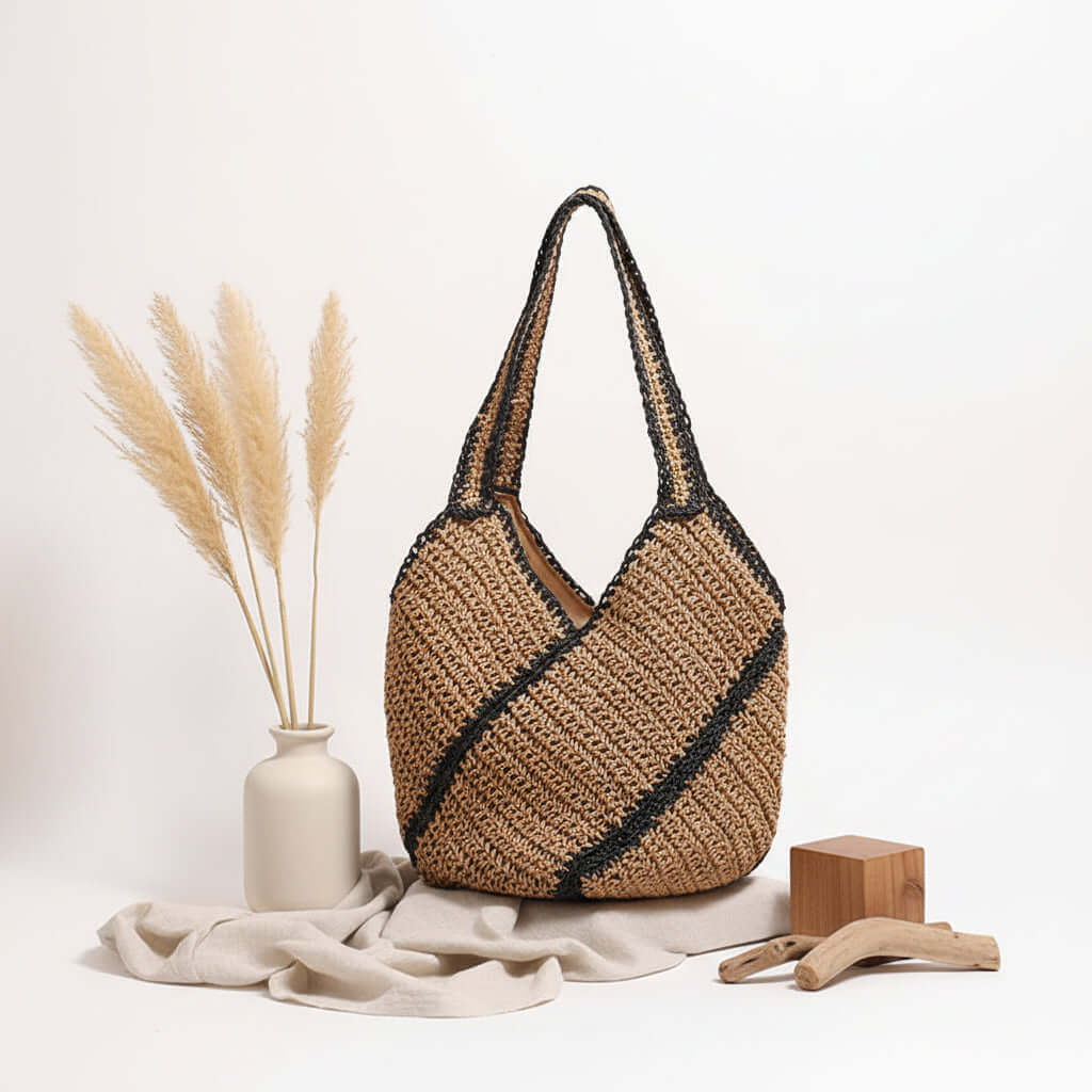 Geometric straw beach bag Shoulder Straw Bag Large Capacity Straw Bag-0
