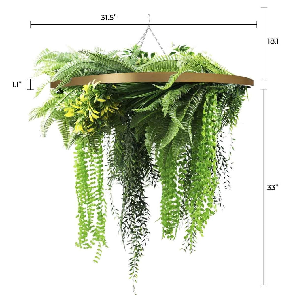 Artificial Hanging Plant Chandelier – Draping Fern Circular Ring (33in long) Gold Frame – UV Resistant-1