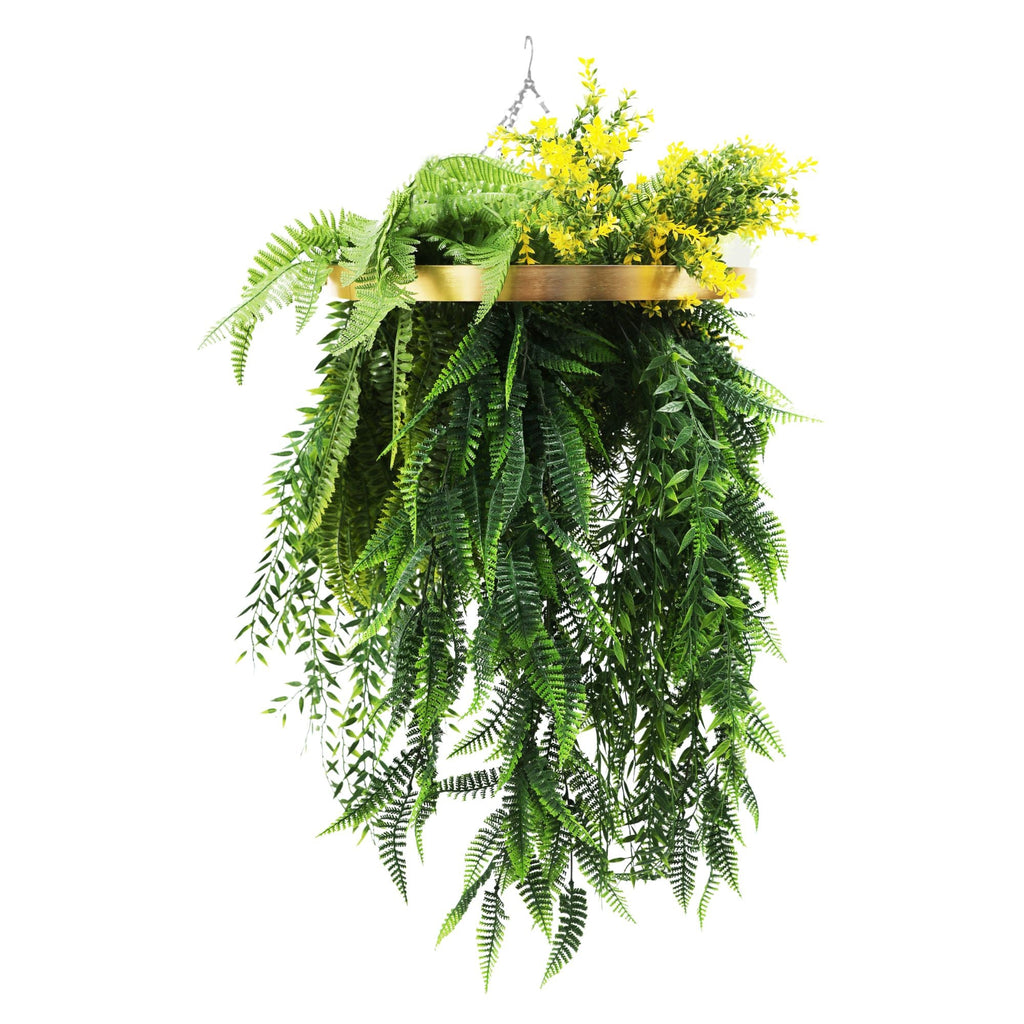 Artificial Hanging Plant Chandelier – Draping Fern Circular Ring (33in long) Gold Frame – UV Resistant-4