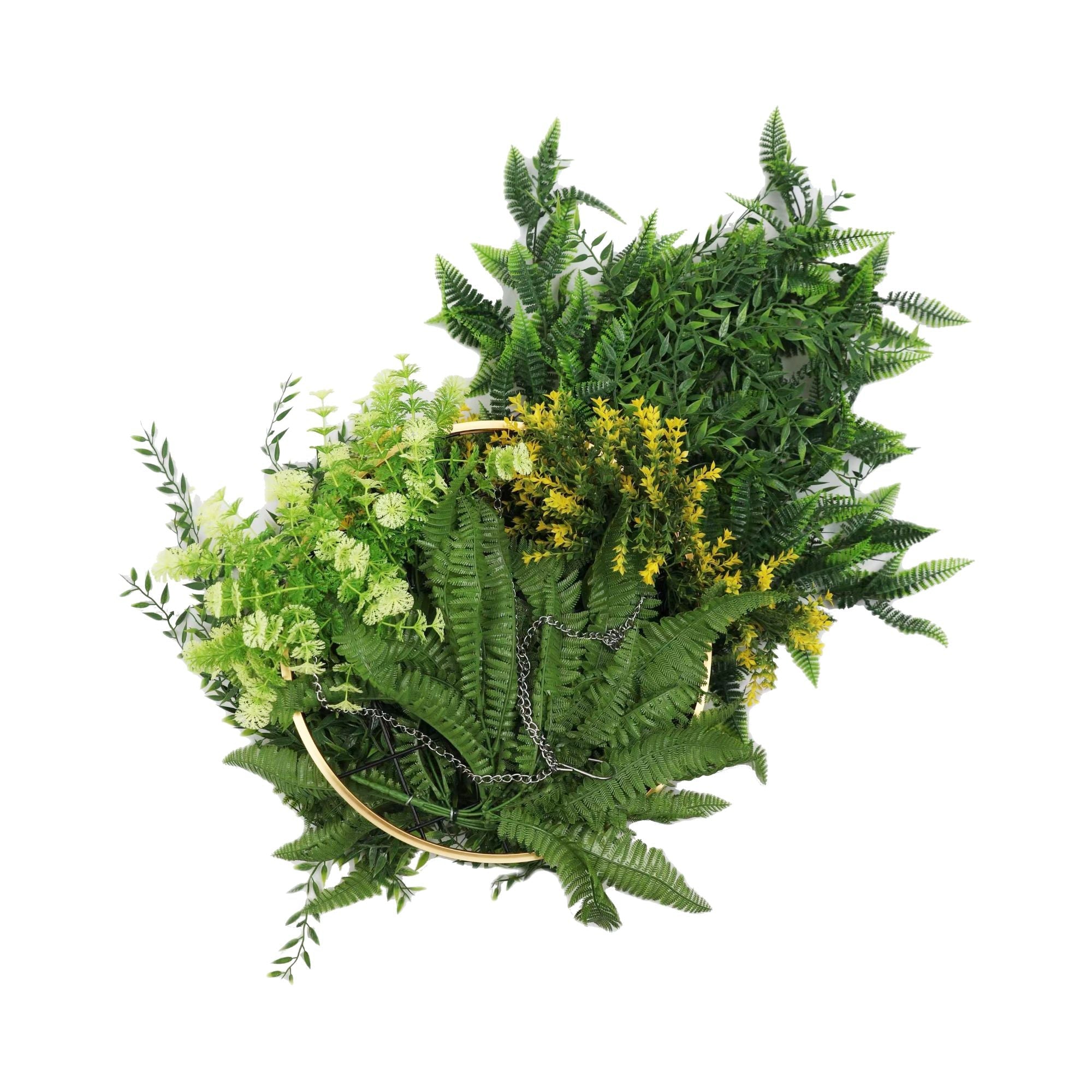 Artificial Hanging Plant Chandelier – Draping Fern Circular Ring (33in long) Gold Frame – UV Resistant-3