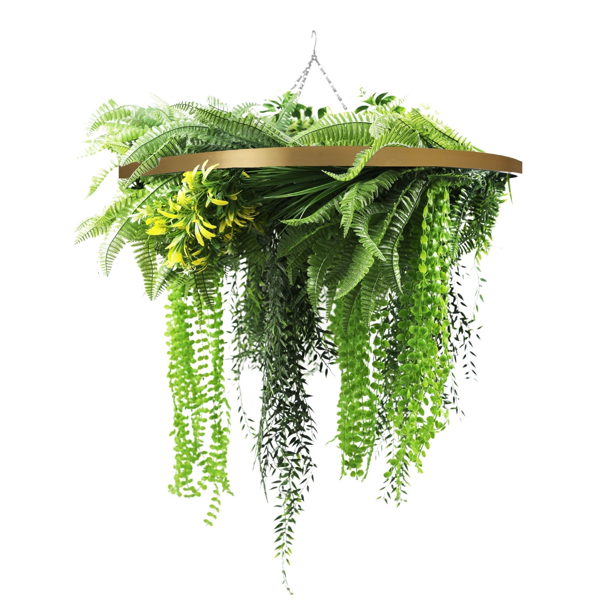 Artificial Hanging Plant Chandelier – Draping Fern Circular Ring (33in long) Gold Frame – UV Resistant-0