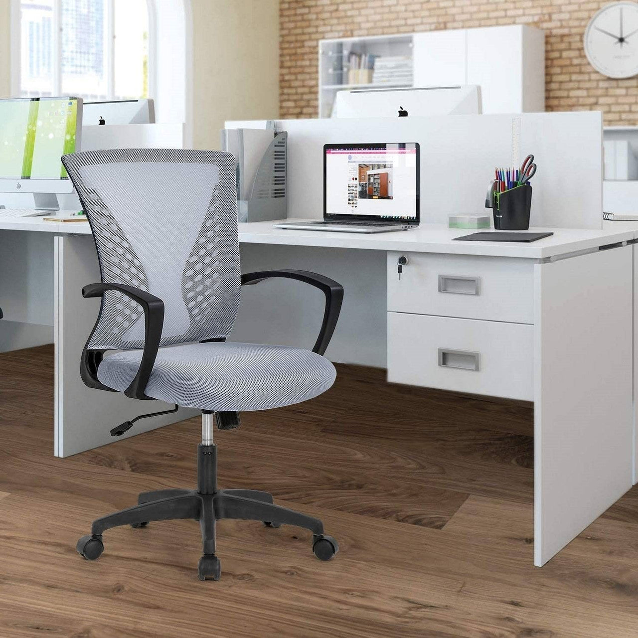 Gray Modern Mid-Back Ergonomic Mesh Office Desk Chair with Armrest on Wheels-1