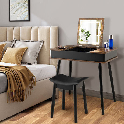 Vanity Table Set with Flip Top Mirror Lights USB Writing Desk and Stool-Brown-0