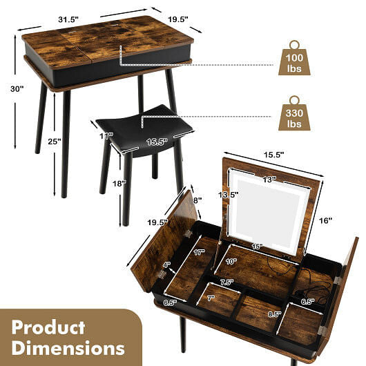 Vanity Table Set with Flip Top Mirror Lights USB Writing Desk and Stool-Brown-2