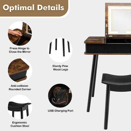 Vanity Table Set with Flip Top Mirror Lights USB Writing Desk and Stool-Brown-3