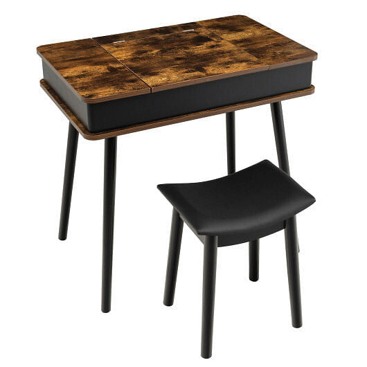 Vanity Table Set with Flip Top Mirror Lights USB Writing Desk and Stool-Brown-4