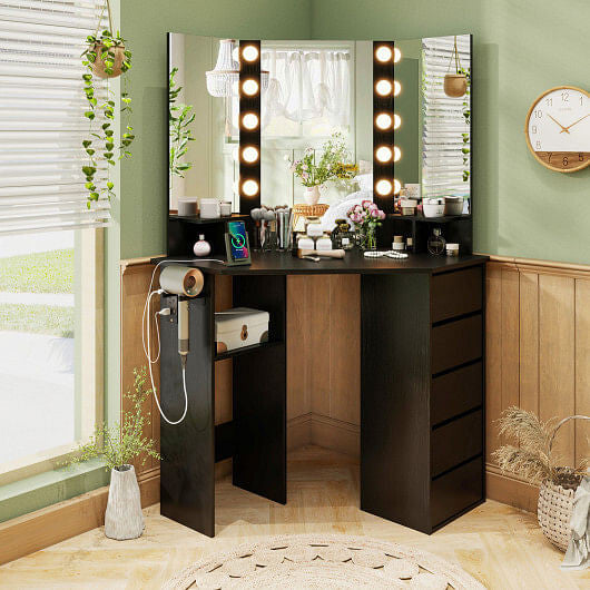 Corner Vanity Desk with 3-Color LED Lighted Mirror and Power Outlet-White-0