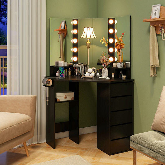 Corner Vanity Desk with 3-Color LED Lighted Mirror and Power Outlet-White-1
