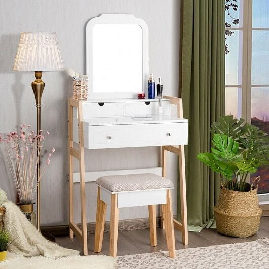 Vanity Table Set with Cushioned Stool and Large Mirror-2