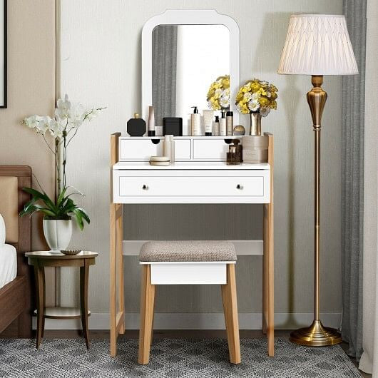 Vanity Table Set with Cushioned Stool and Large Mirror-4