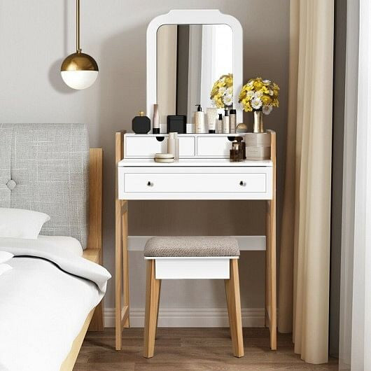 Vanity Table Set with Cushioned Stool and Large Mirror-5