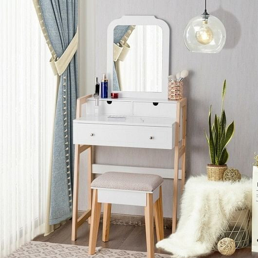 Vanity Table Set with Cushioned Stool and Large Mirror-3