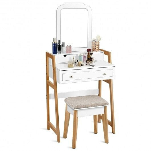 Vanity Table Set with Cushioned Stool and Large Mirror-1