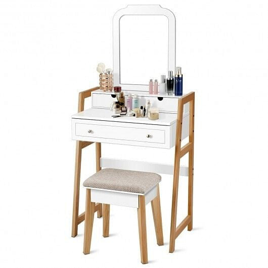 Vanity Table Set with Cushioned Stool and Large Mirror-0