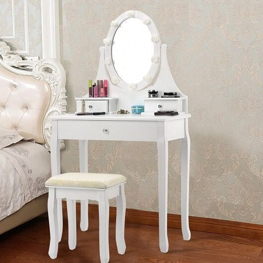 3 Drawers Lighted Mirror Vanity Dressing Table Stool Set-Black-2