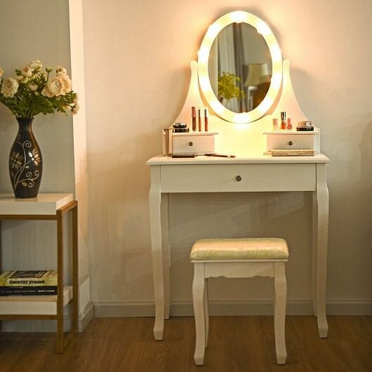 3 Drawers Lighted Mirror Vanity Dressing Table Stool Set-Black-4