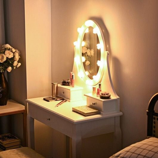 3 Drawers Lighted Mirror Vanity Dressing Table Stool Set-Black-3