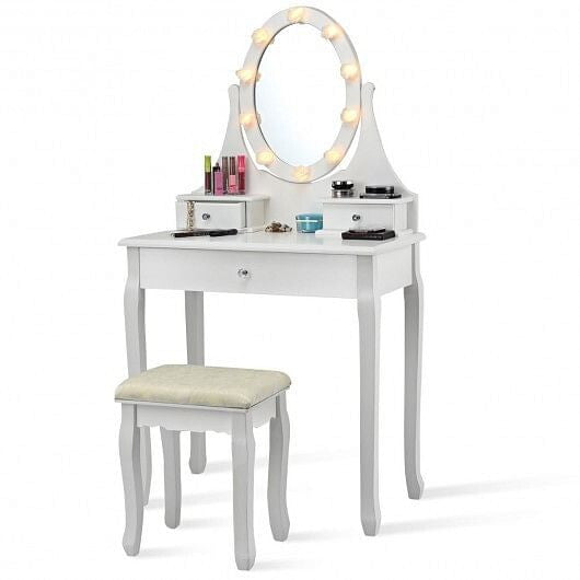 3 Drawers Lighted Mirror Vanity Dressing Table Stool Set-Black-1