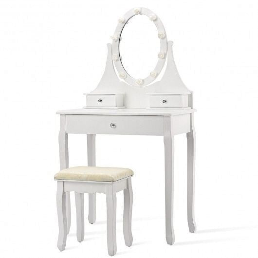 3 Drawers Lighted Mirror Vanity Dressing Table Stool Set-Black-0