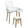 Wooden Vanity Table with Flip Top Mirror and Cushioned Stool-0