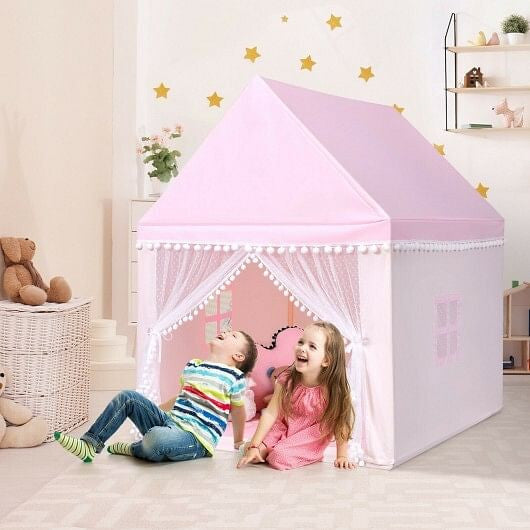 Kids Play Tent Large Playhouse Children Play Castle Fairy Tent Gift with Mat-Pink-5