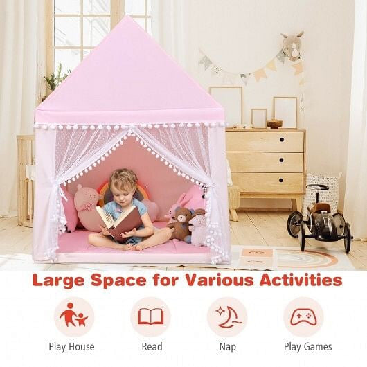 Kids Play Tent Large Playhouse Children Play Castle Fairy Tent Gift with Mat-Pink-6