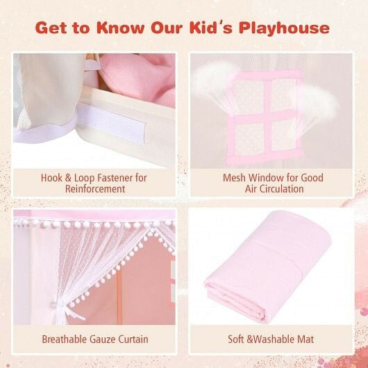 Kids Play Tent Large Playhouse Children Play Castle Fairy Tent Gift with Mat-Pink-8