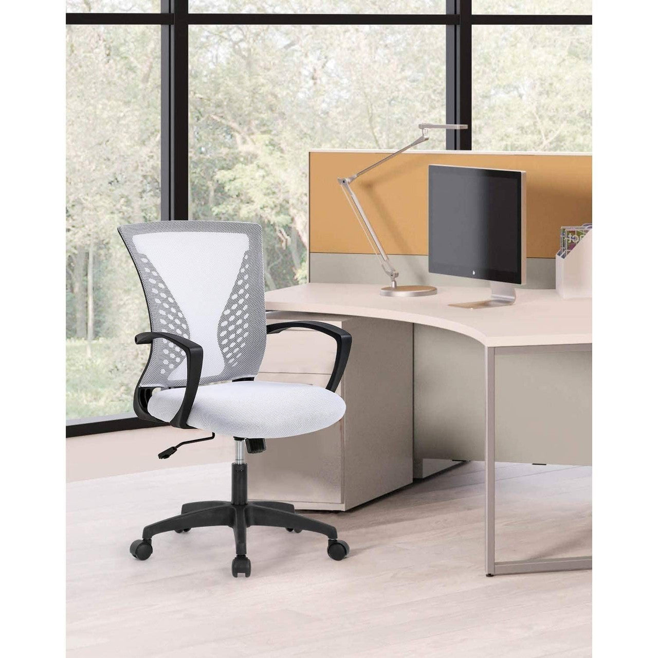 White Modern Mid-Back Office Desk Chair Ergonomic Mesh with Armrest on Wheels-0