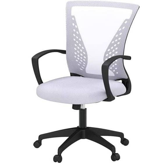 White Modern Mid-Back Office Desk Chair Ergonomic Mesh with Armrest on Wheels-1