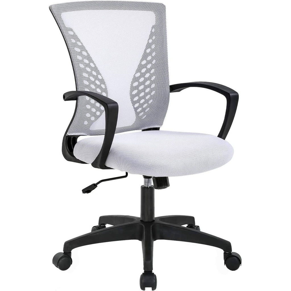 White Modern Mid-Back Office Desk Chair Ergonomic Mesh with Armrest on Wheels-2