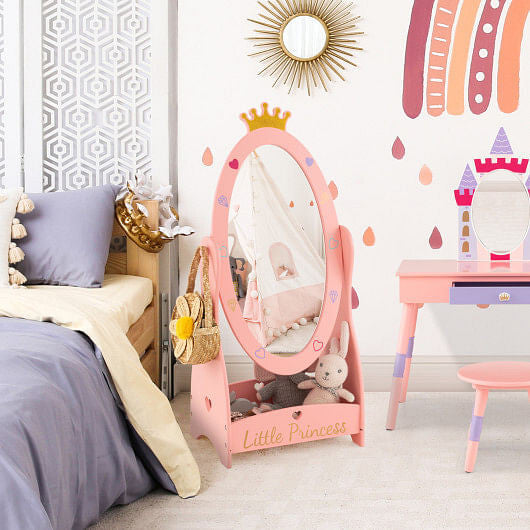 Kids Full Length Mirror with 360 Degree Rotatable Design and Shelf-Pink-1