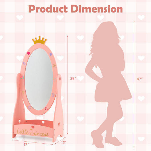 Kids Full Length Mirror with 360 Degree Rotatable Design and Shelf-Pink-2