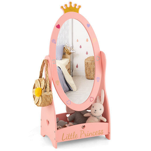 Kids Full Length Mirror with 360 Degree Rotatable Design and Shelf-Pink-0