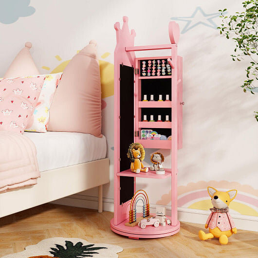 Free-Standing Full Length Mirror Kids Jewelry Armoire Cabinet-Pink-2