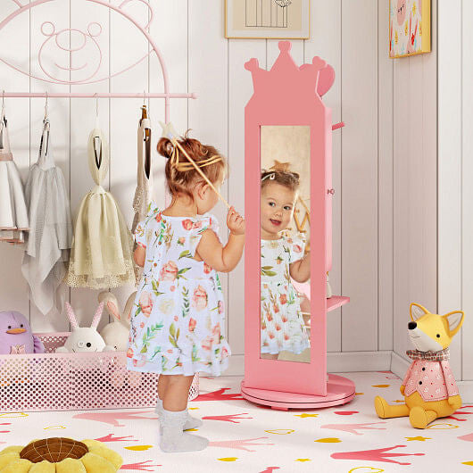 Free-Standing Full Length Mirror Kids Jewelry Armoire Cabinet-Pink-4