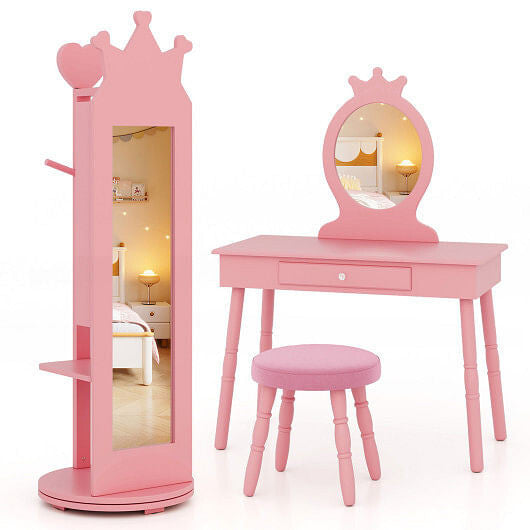 Free-Standing Full Length Mirror Kids Jewelry Armoire Cabinet-Pink-5