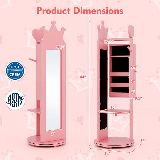 Free-Standing Full Length Mirror Kids Jewelry Armoire Cabinet-Pink-3